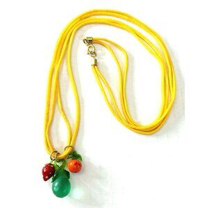 Mini Glass Fruit Necklace Strawberry Pear Peach Yellow Cord Whimsy Fun VTG